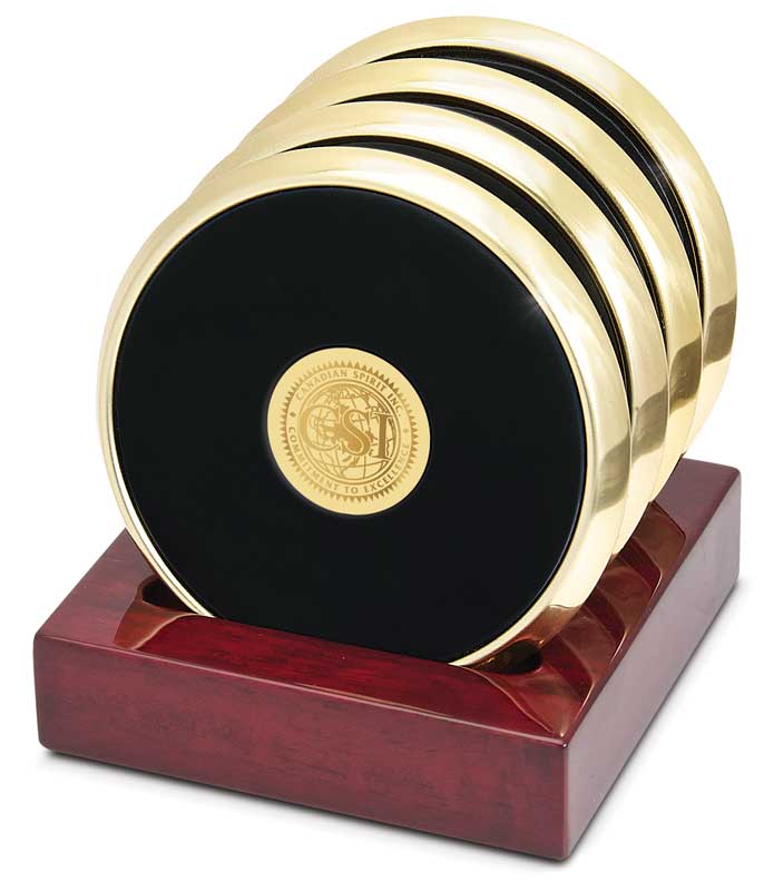 Set of Four Gold-Tone Round Coasters in Stand