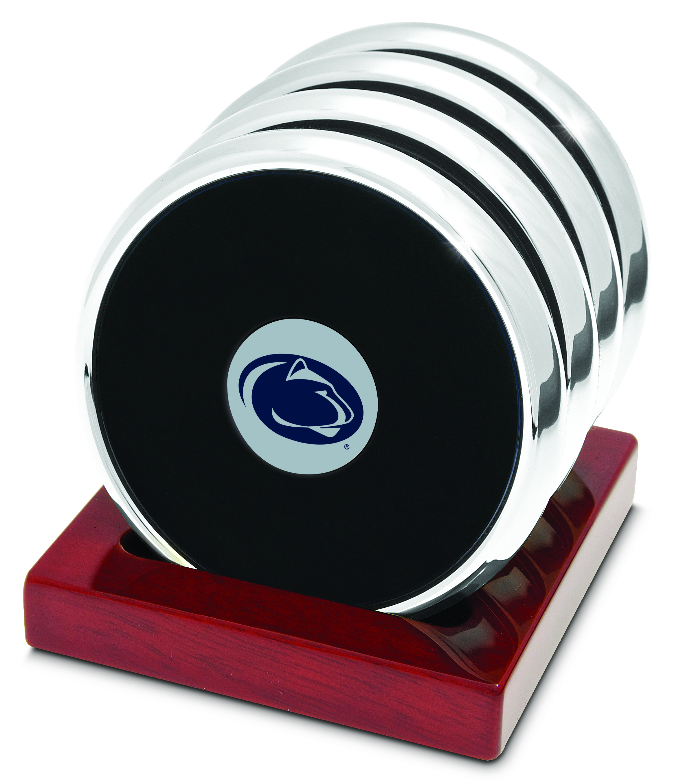 Set of Four Silver-Tone Round Coasters in Stand