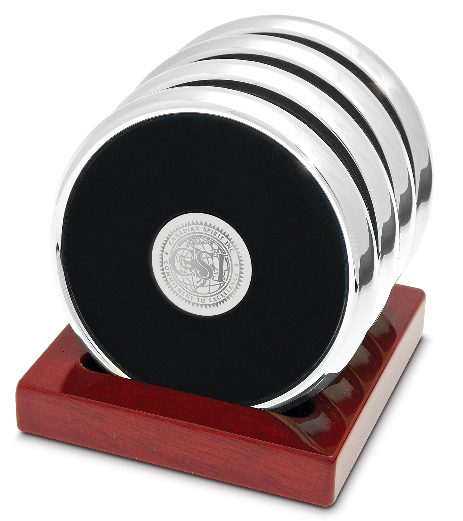 Set of Four Silver-Tone Round Coasters in Stand