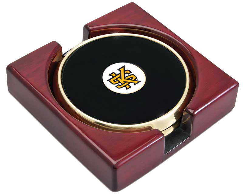 Set of Two Gold-Tone Round Coasters in Stand