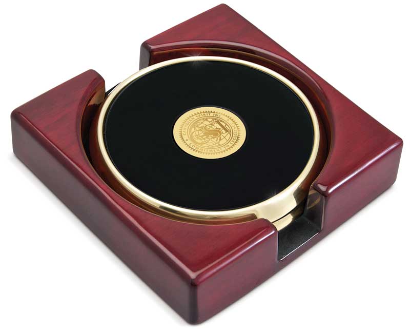 Set of Two Gold-Tone Round Coasters in Stand