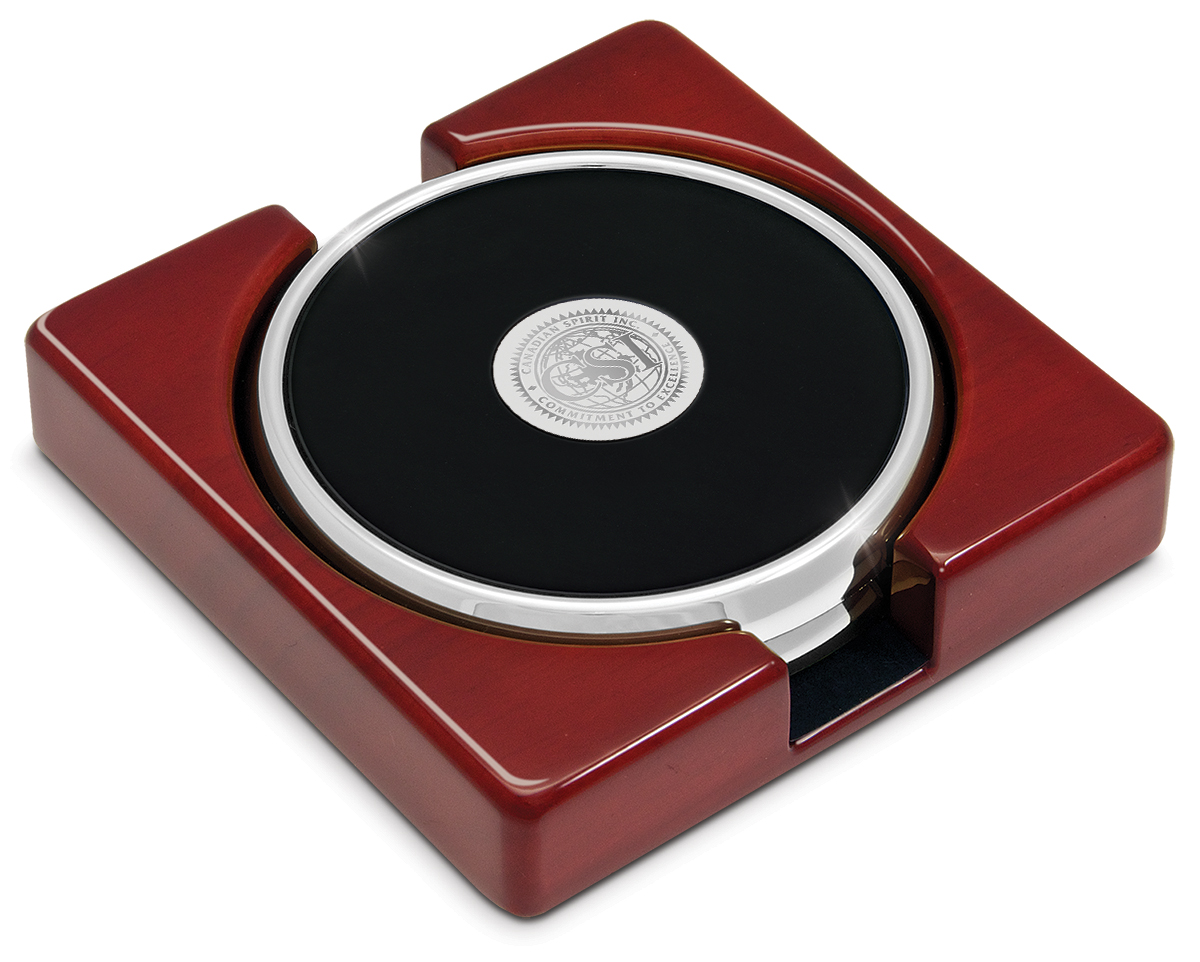 Set of Two Silver-Tone Round Coasters in Stand