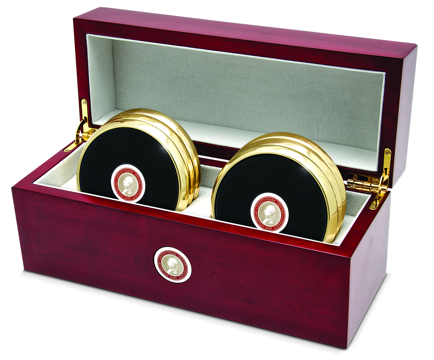 Set of Six Gold-Tone Round Coasters in Rosewood Box