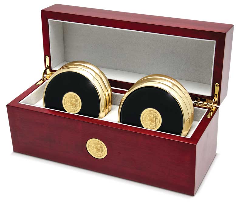 Set of Six Gold-Tone Round Coasters in Rosewood Box