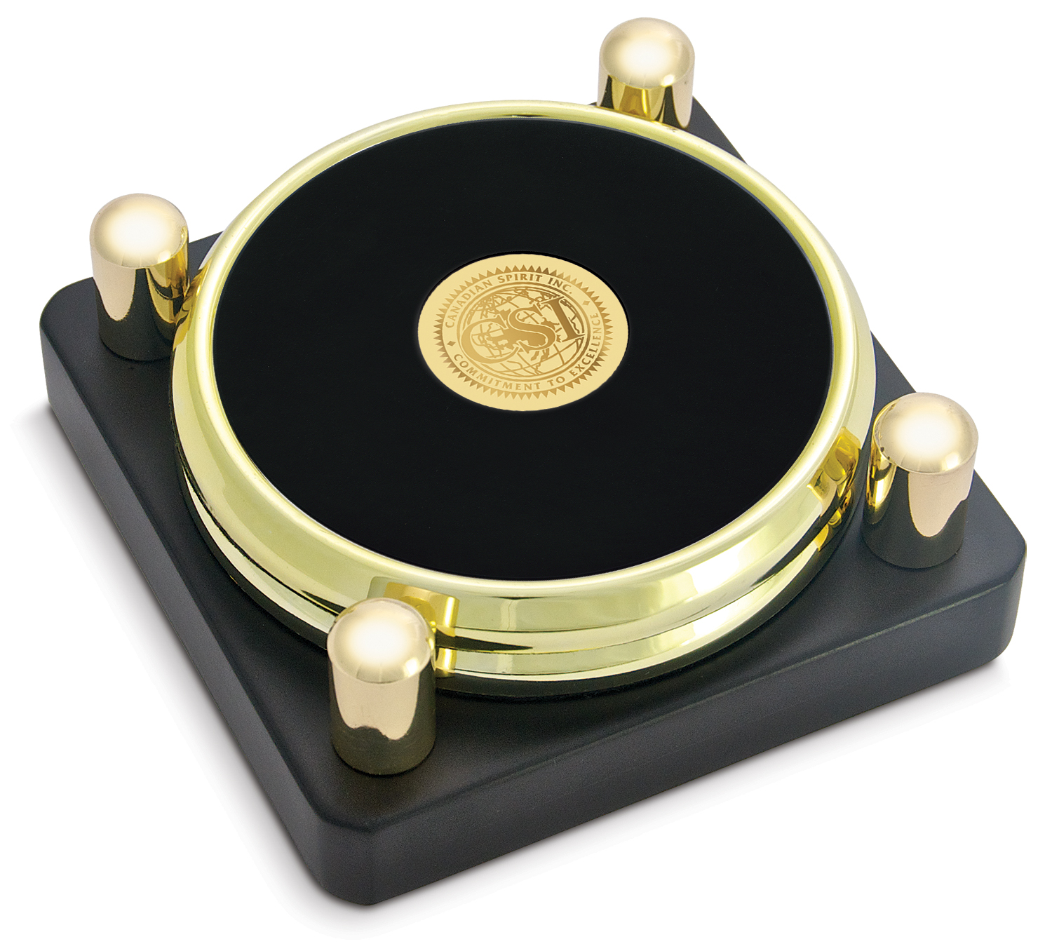 Set of Two Gold-Tone Round Coasters in Stand