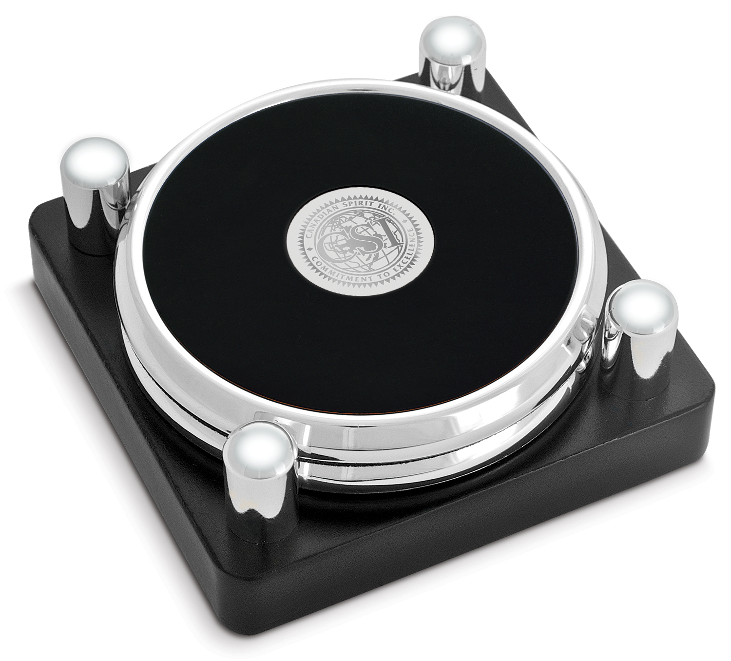 Set of Two Silver-Tone Round Coasters in Stand