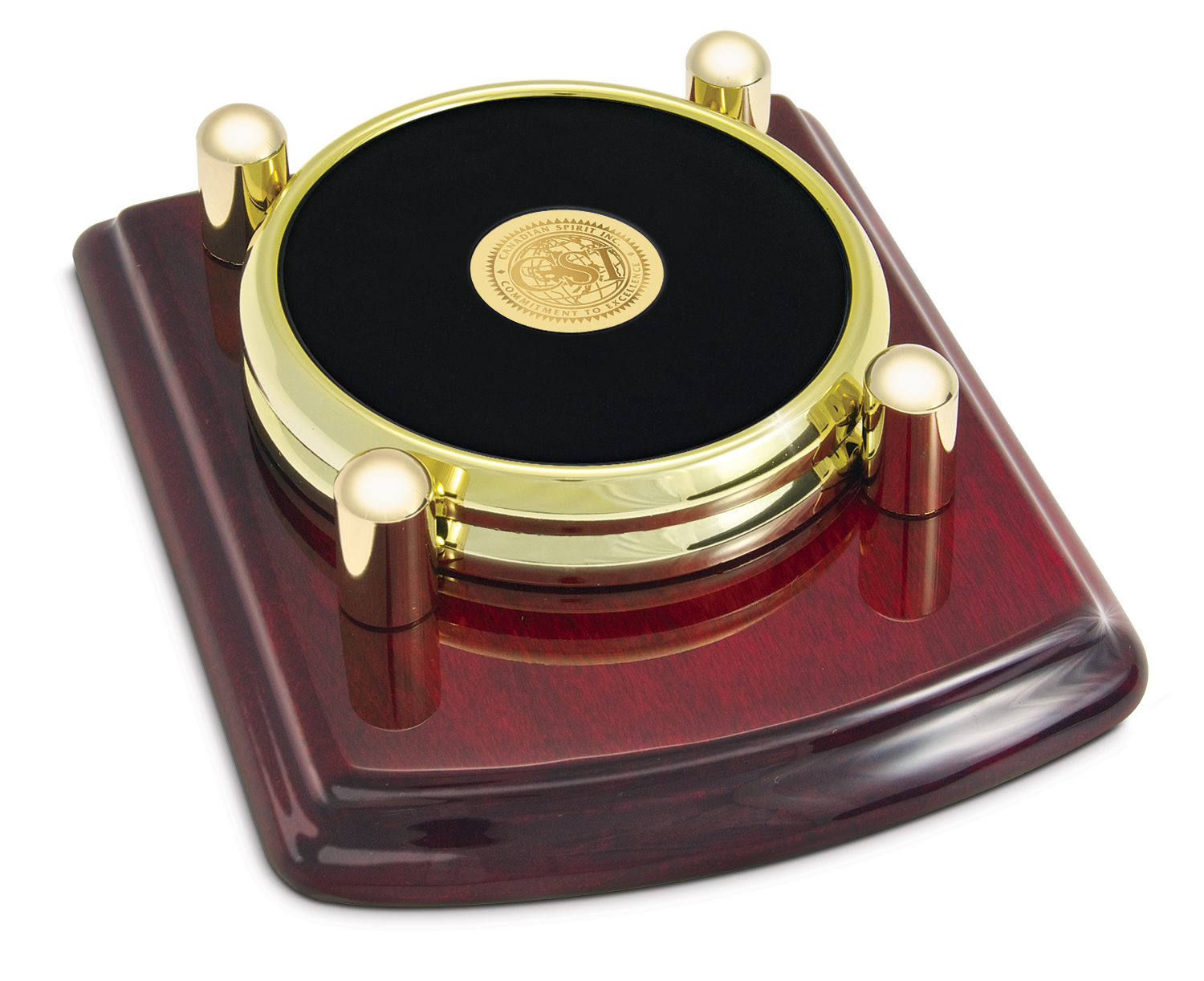 Set of Two Gold-Tone Round Coasters in Stand