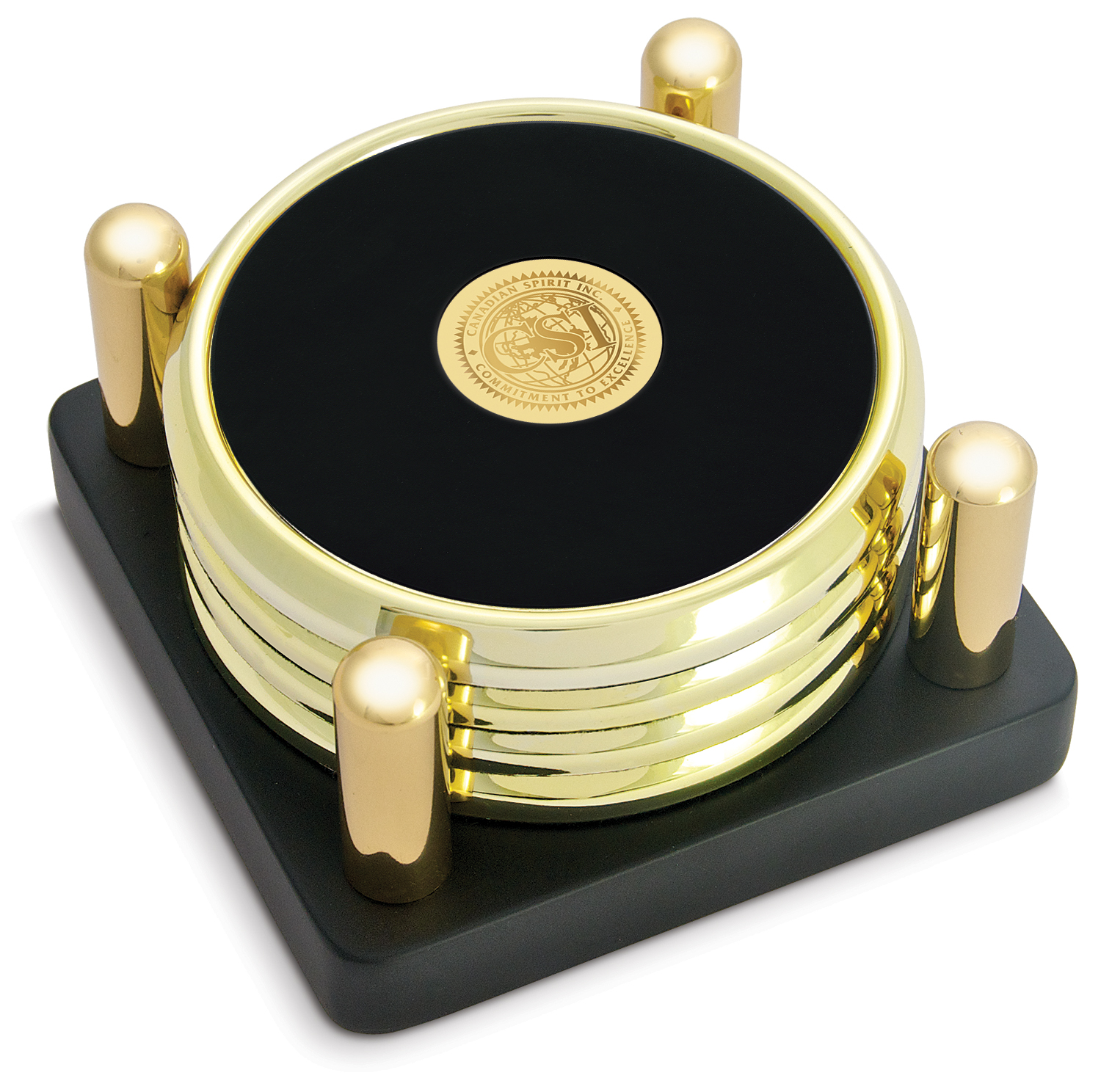 Set of Four Gold-Tone Round Coasters in Stand